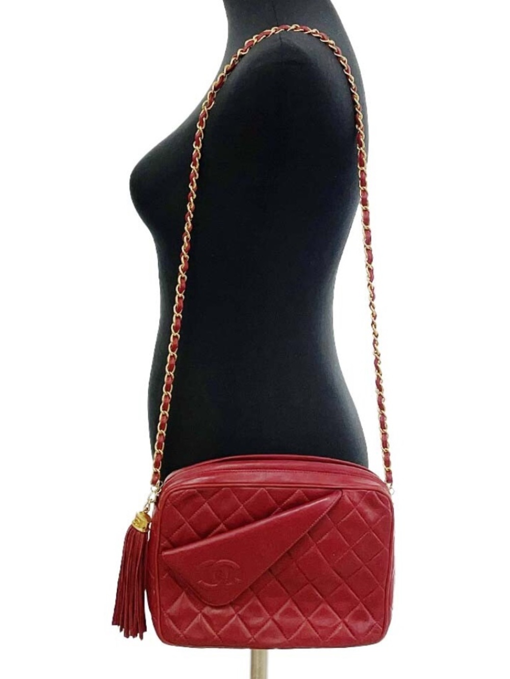 CHANEL Matelasse Fringe Lambskin Leather Fabric Red Chain Shoulder bag
